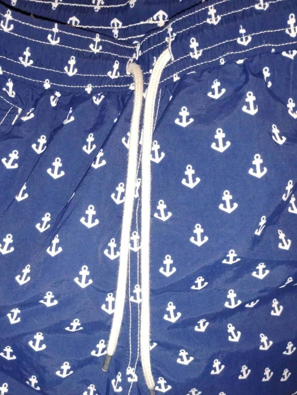 Navy Anchor Print Swim Trunks with Drawstring